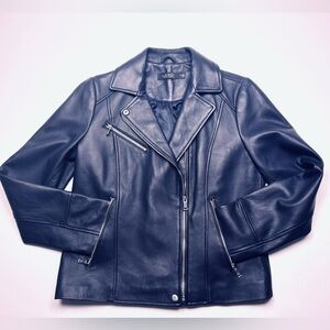 NWT Lauren Ralph Lauren Women's Navy Lambs Leather Moto Jacket size Med